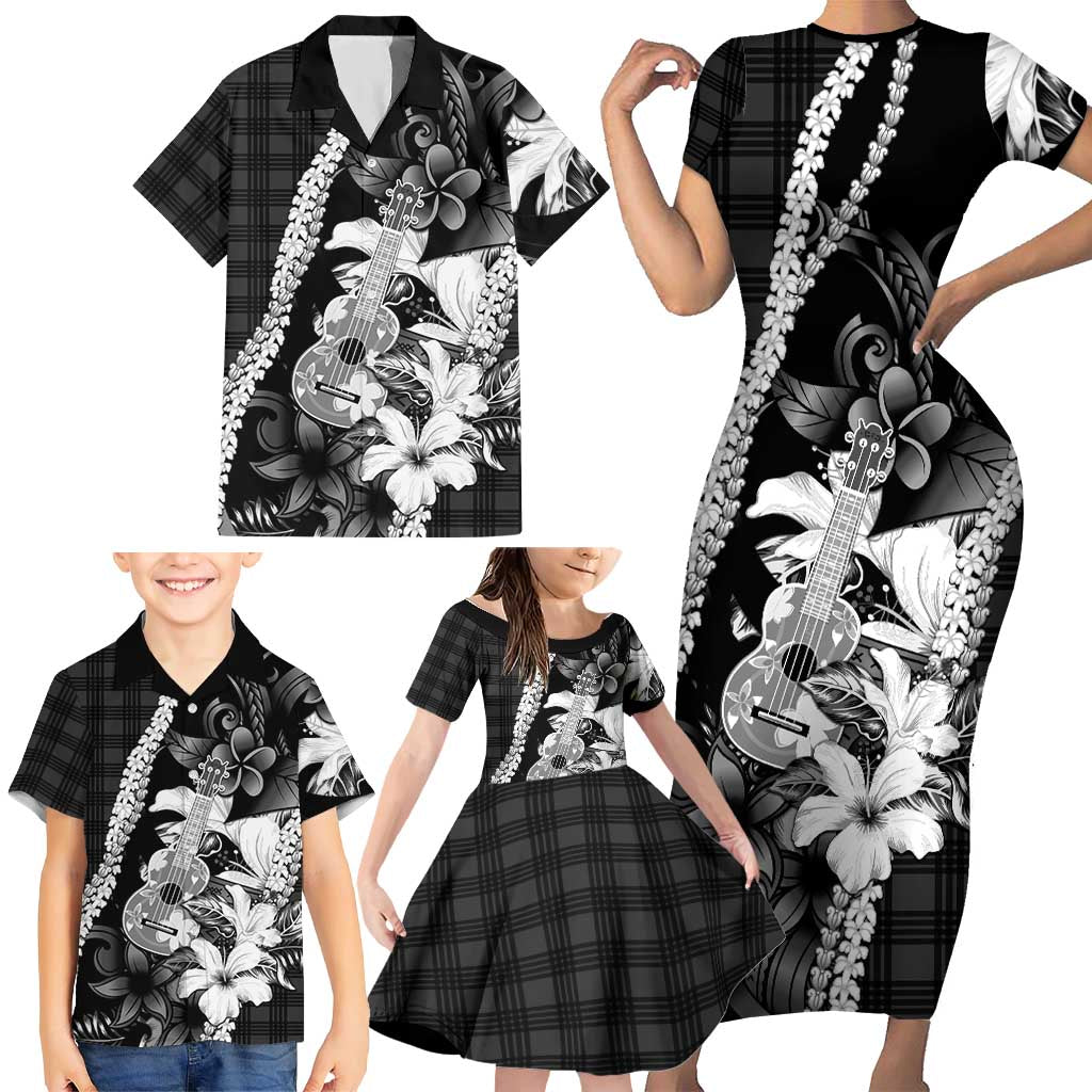 Hawaii Ukulele Family Matching Short Sleeve Bodycon Dress and Hawaiian Shirt Tropical Flowers With Palaka Effect Black Version - Polynesian Pride