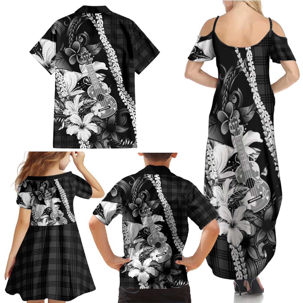 Hawaii Ukulele Family Matching Summer Maxi Dress and Hawaiian Shirt Tropical Flowers With Palaka Effect Black Version - Polynesian Pride
