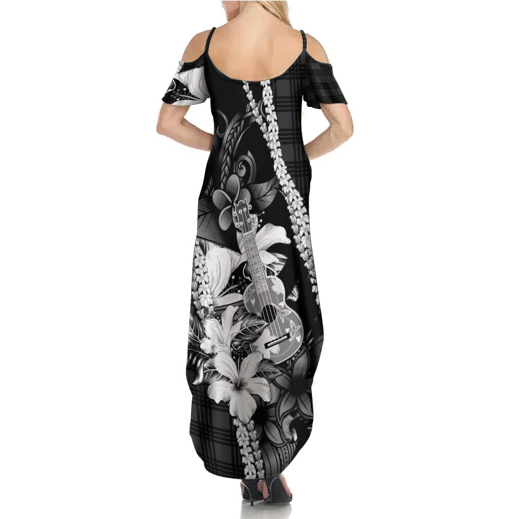 Hawaii Ukulele Family Matching Summer Maxi Dress and Hawaiian Shirt Tropical Flowers With Palaka Effect Black Version - Polynesian Pride