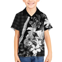 Hawaii Ukulele Family Matching Summer Maxi Dress and Hawaiian Shirt Tropical Flowers With Palaka Effect Black Version - Polynesian Pride