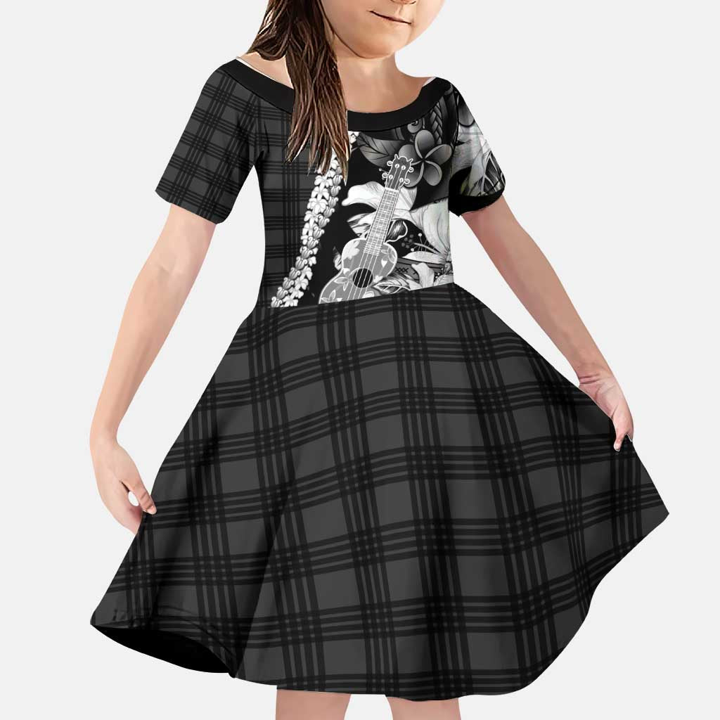 Hawaii Ukulele Family Matching Tank Maxi Dress and Hawaiian Shirt Tropical Flowers With Palaka Effect Black Version - Polynesian Pride