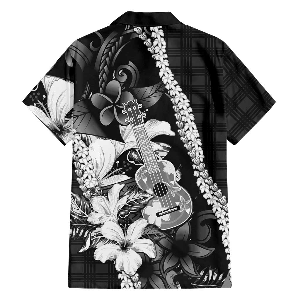 Hawaii Ukulele Hawaiian Shirt Tropical Flowers With Palaka Effect Black Version - Polynesian Pride