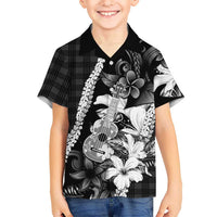 Hawaii Ukulele Hawaiian Shirt Tropical Flowers With Palaka Effect Black Version - Polynesian Pride
