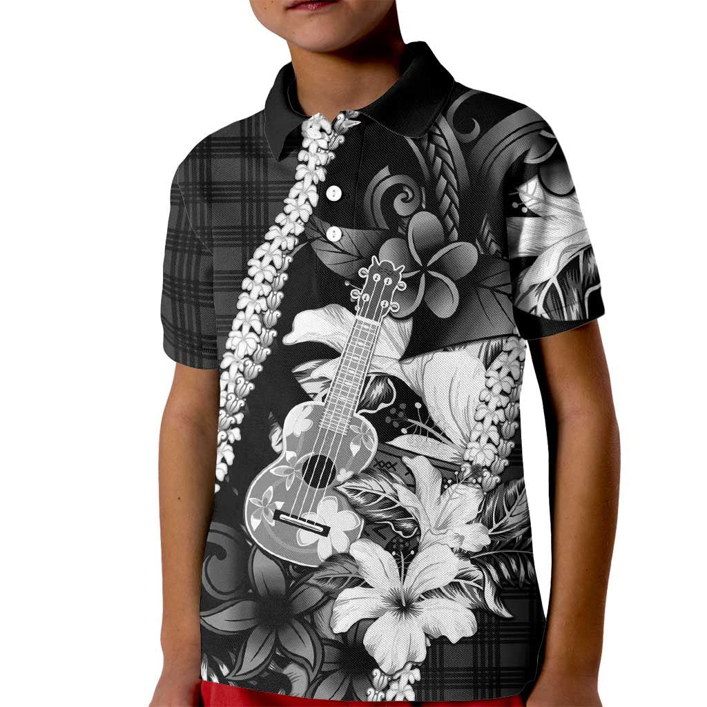Hawaii Ukulele Kid Polo Shirt Tropical Flowers With Palaka Effect Black Version - Polynesian Pride