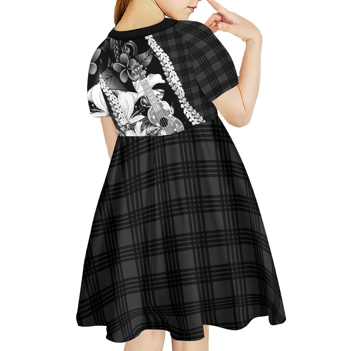Hawaii Ukulele Kid Short Sleeve Dress Tropical Flowers With Palaka Effect Black Version - Polynesian Pride