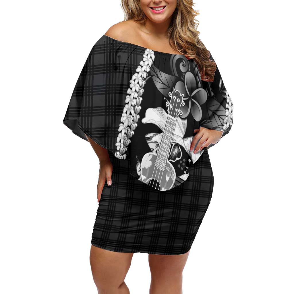 Hawaii Ukulele Off Shoulder Short Dress Tropical Flowers With Palaka Effect Black Version - Polynesian Pride