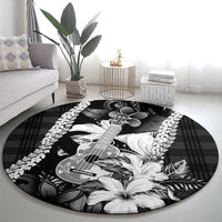 Hawaii Ukulele Round Carpet Tropical Flowers With Palaka Effect Black Version - Polynesian Pride