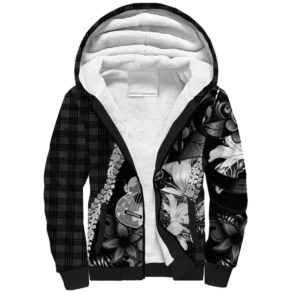 Hawaii Ukulele Sherpa Hoodie Tropical Flowers With Palaka Effect Black Version - Polynesian Pride
