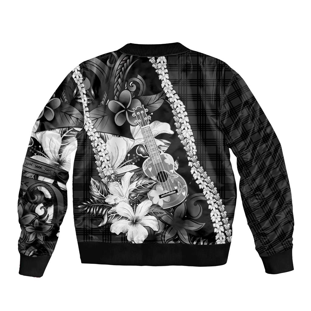 Hawaii Ukulele Sleeve Zip Bomber Jacket Tropical Flowers With Palaka Effect Black Version - Polynesian Pride