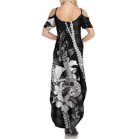 Hawaii Ukulele Summer Maxi Dress Tropical Flowers With Palaka Effect Black Version - Polynesian Pride