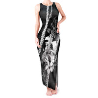 Hawaii Ukulele Tank Maxi Dress Tropical Flowers With Palaka Effect Black Version - Polynesian Pride
