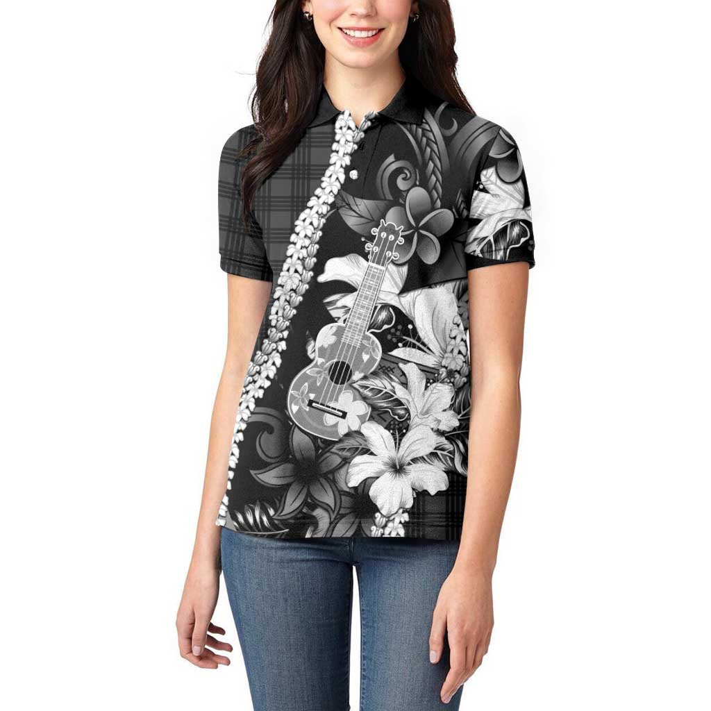 Hawaii Ukulele Women Polo Shirt Tropical Flowers With Palaka Effect Black Version - Polynesian Pride