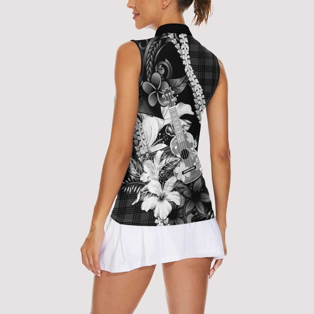 Hawaii Ukulele Women Sleeveless Polo Shirt Tropical Flowers With Palaka Effect Black Version - Polynesian Pride