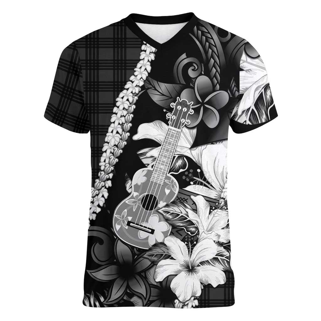 Hawaii Ukulele Women V-Neck T-Shirt Tropical Flowers With Palaka Effect Black Version - Polynesian Pride
