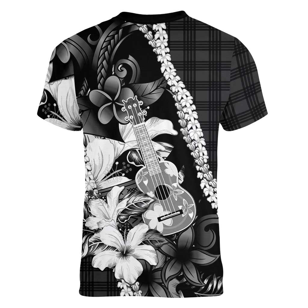 Hawaii Ukulele Women V-Neck T-Shirt Tropical Flowers With Palaka Effect Black Version - Polynesian Pride