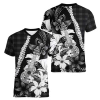 Hawaii Ukulele Women V-Neck T-Shirt Tropical Flowers With Palaka Effect Black Version - Polynesian Pride