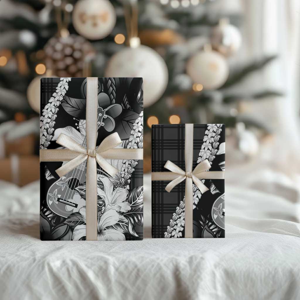 Hawaii Ukulele Wrapping Paper Tropical Flowers With Palaka Effect Black Version