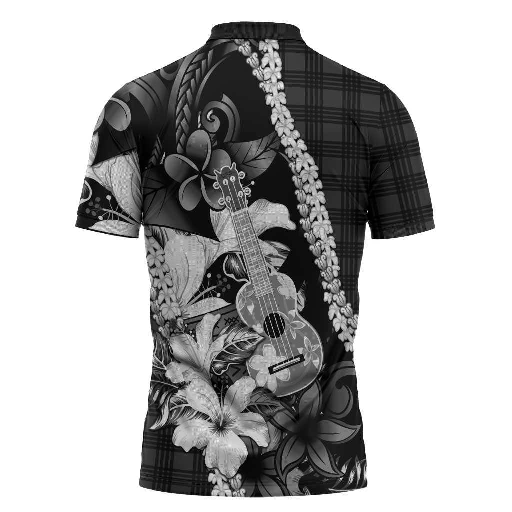 Hawaii Ukulele Zipper Polo Shirt Tropical Flowers With Palaka Effect Black Version - Polynesian Pride