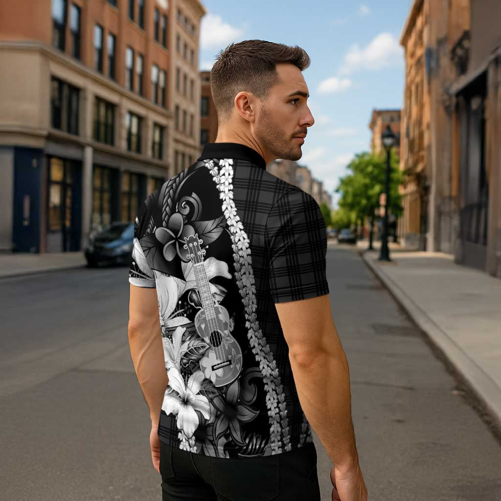 Hawaii Ukulele Zipper Polo Shirt Tropical Flowers With Palaka Effect Black Version - Polynesian Pride