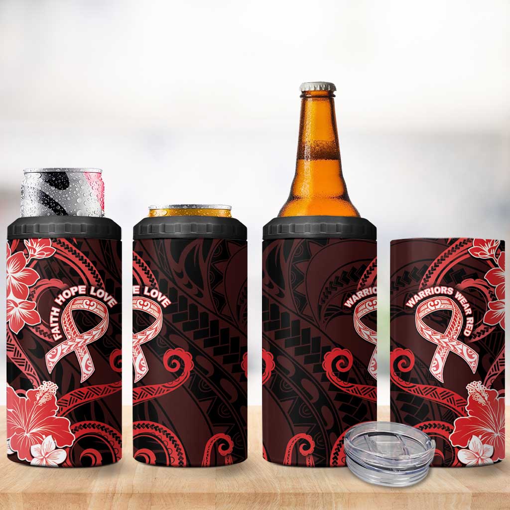 Heart Health Awareness 4 in 1 Can Cooler Tumbler Warrior Wears Red Polynesian Style