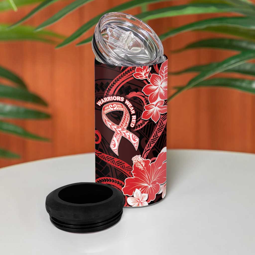 Heart Health Awareness 4 in 1 Can Cooler Tumbler Warrior Wears Red Polynesian Style
