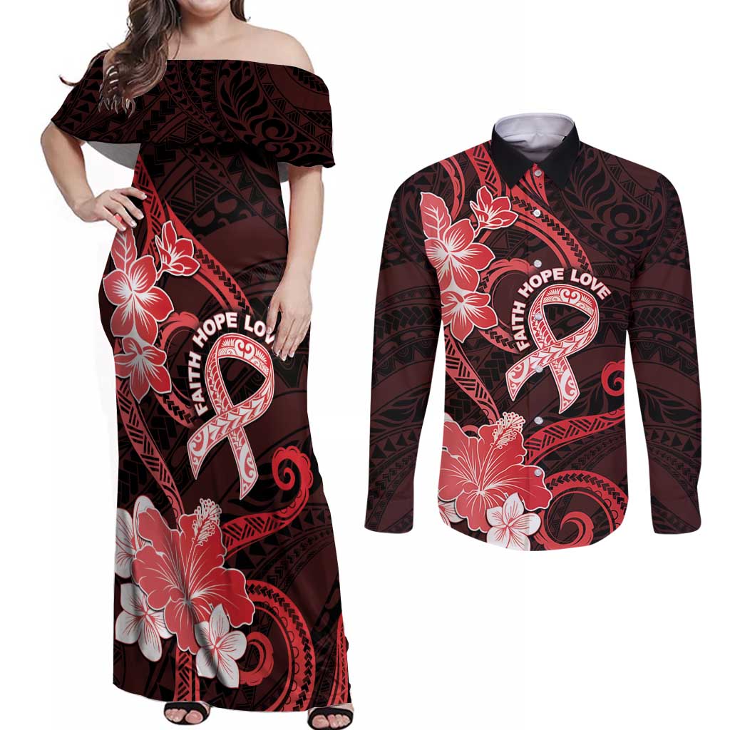 Heart Health Awareness Couples Matching Off Shoulder Maxi Dress and Long Sleeve Button Shirt Warrior Wears Red Polynesian Style