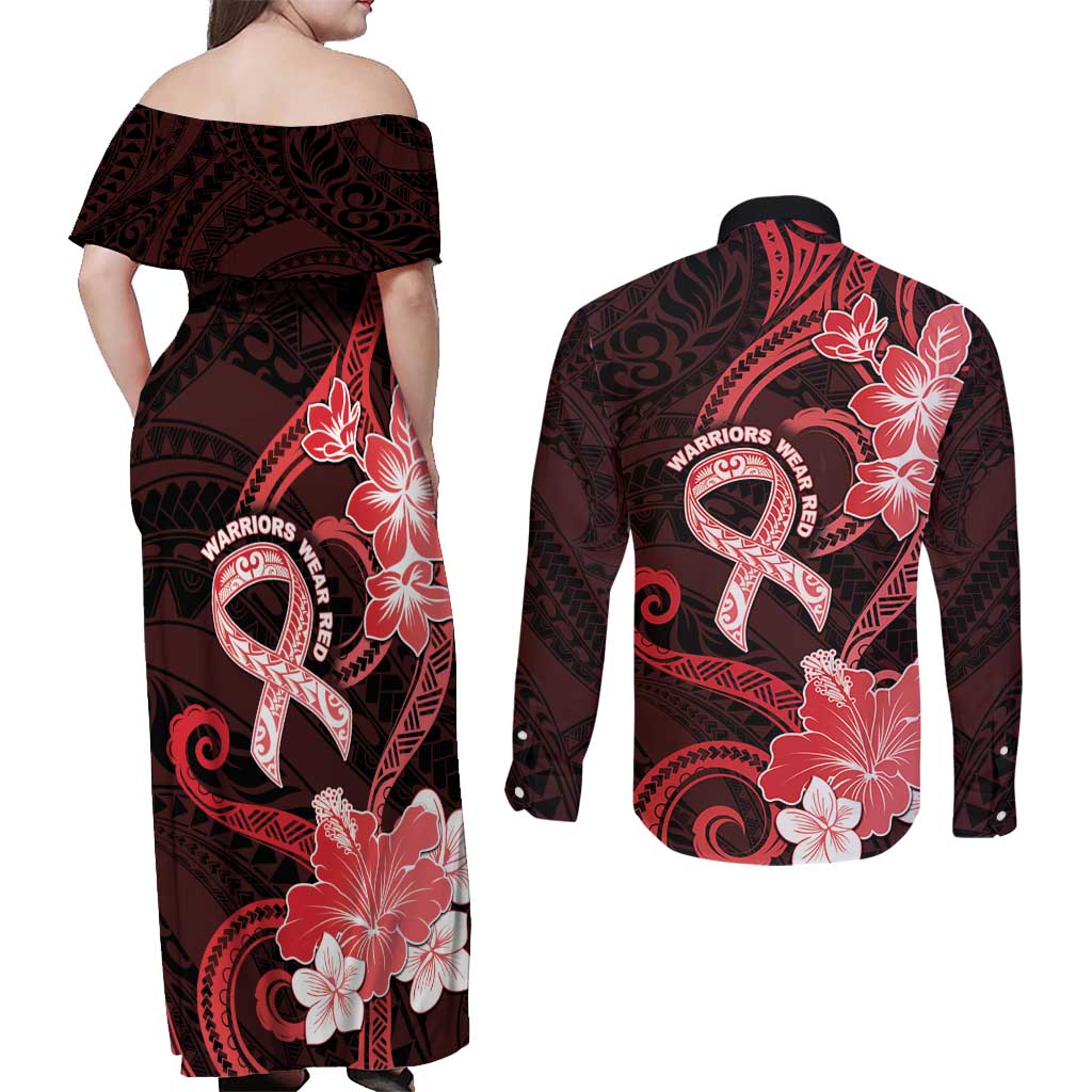 Heart Health Awareness Couples Matching Off Shoulder Maxi Dress and Long Sleeve Button Shirt Warrior Wears Red Polynesian Style