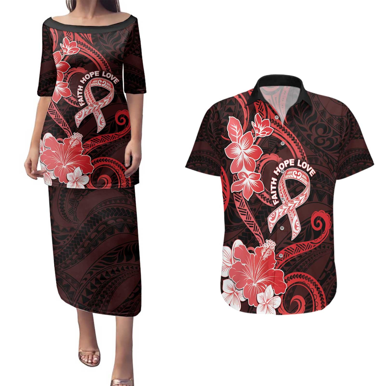 Heart Health Awareness Couples Matching Puletasi and Hawaiian Shirt Warrior Wears Red Polynesian Style