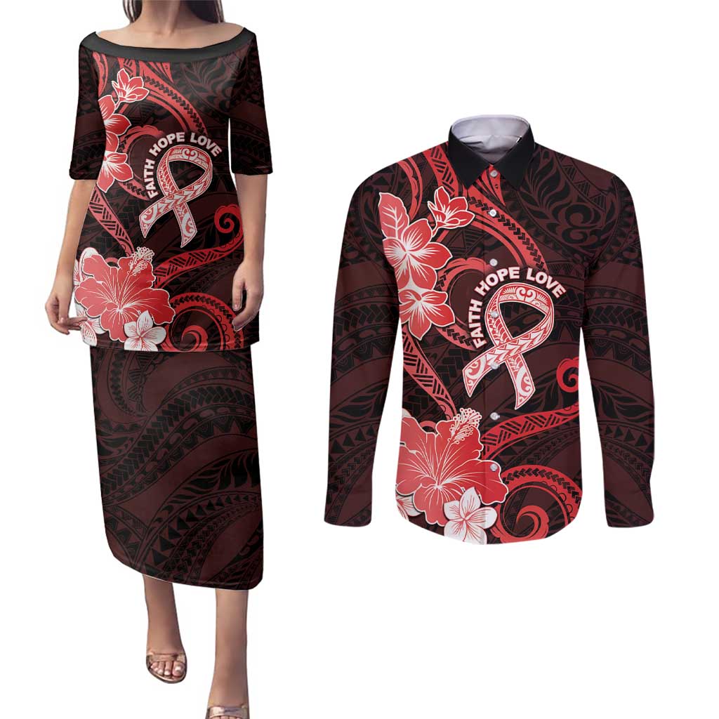 Heart Health Awareness Couples Matching Puletasi and Long Sleeve Button Shirt Warrior Wears Red Polynesian Style