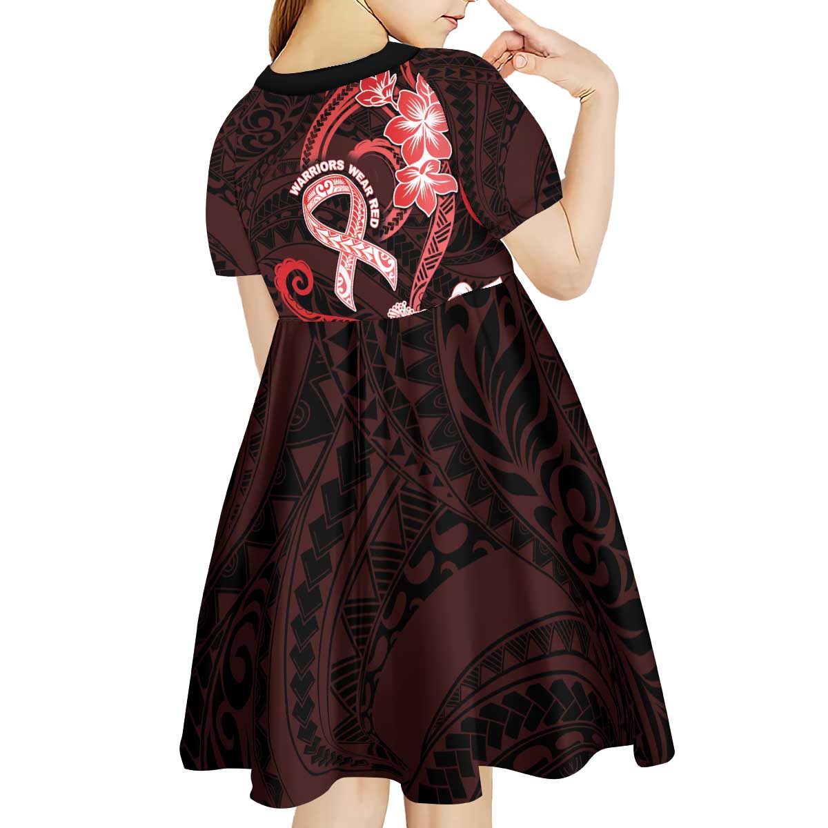 Heart Health Awareness Kid Short Sleeve Dress Warrior Wears Red Polynesian Style