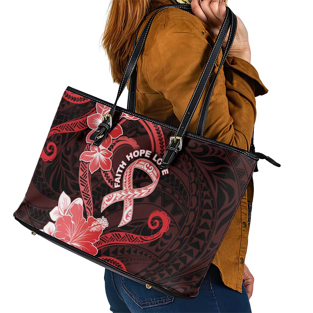 Heart Health Awareness Leather Tote Bag Warrior Wears Red Polynesian Style