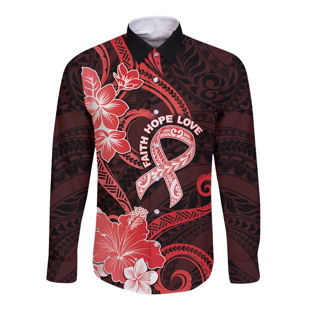 Heart Health Awareness Long Sleeve Button Shirt Warrior Wears Red Polynesian Style