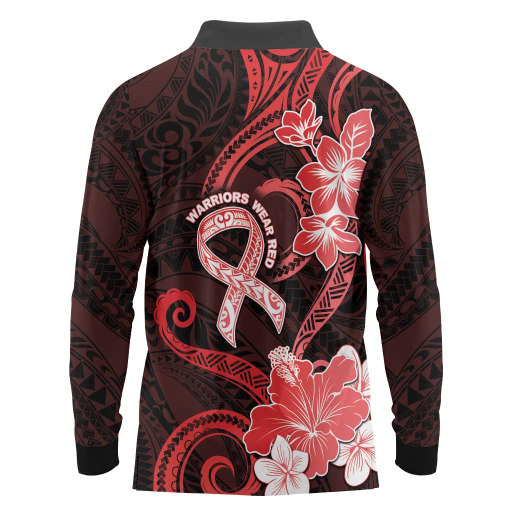 Heart Health Awareness Long Sleeve Polo Shirt Warrior Wears Red Polynesian Style