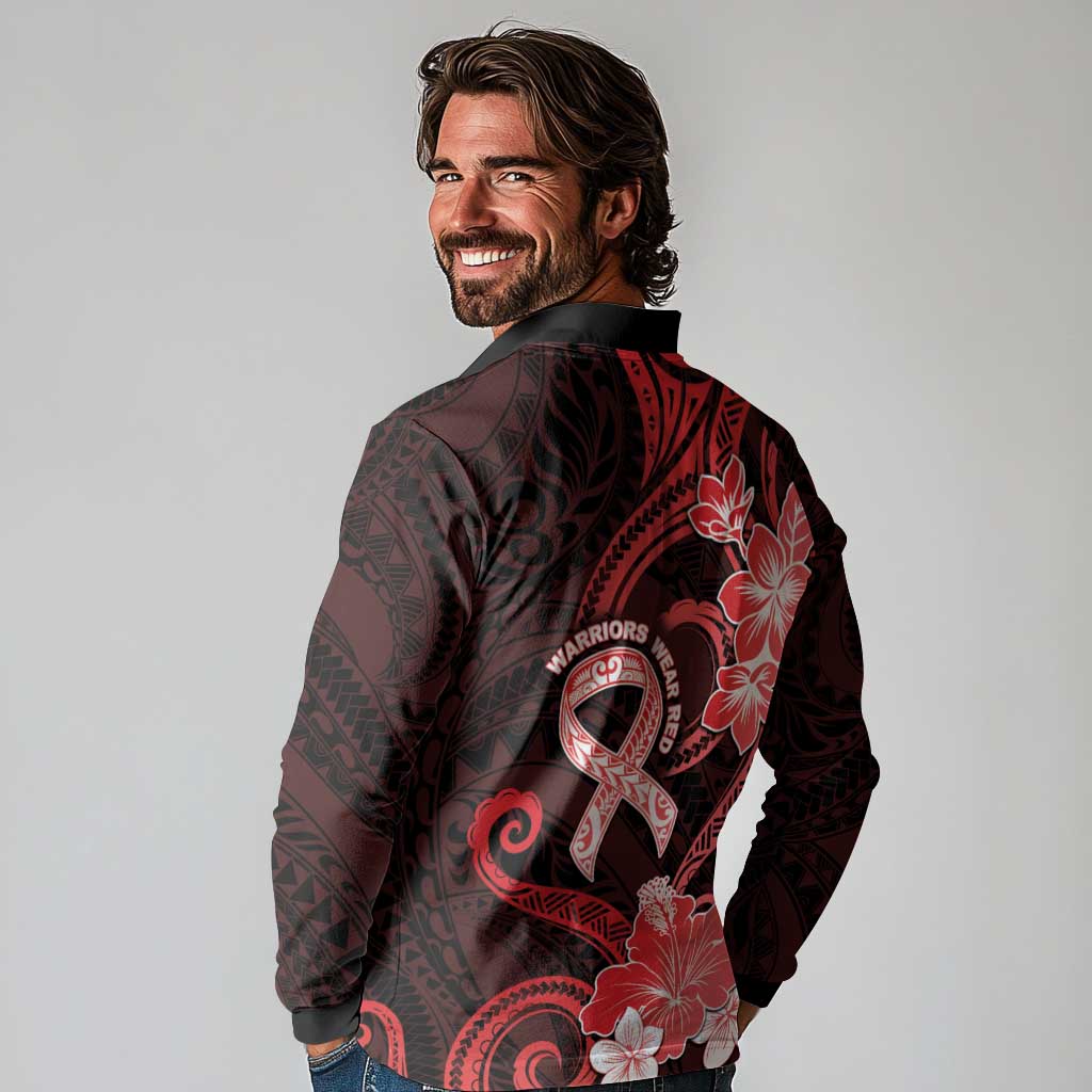 Heart Health Awareness Long Sleeve Polo Shirt Warrior Wears Red Polynesian Style