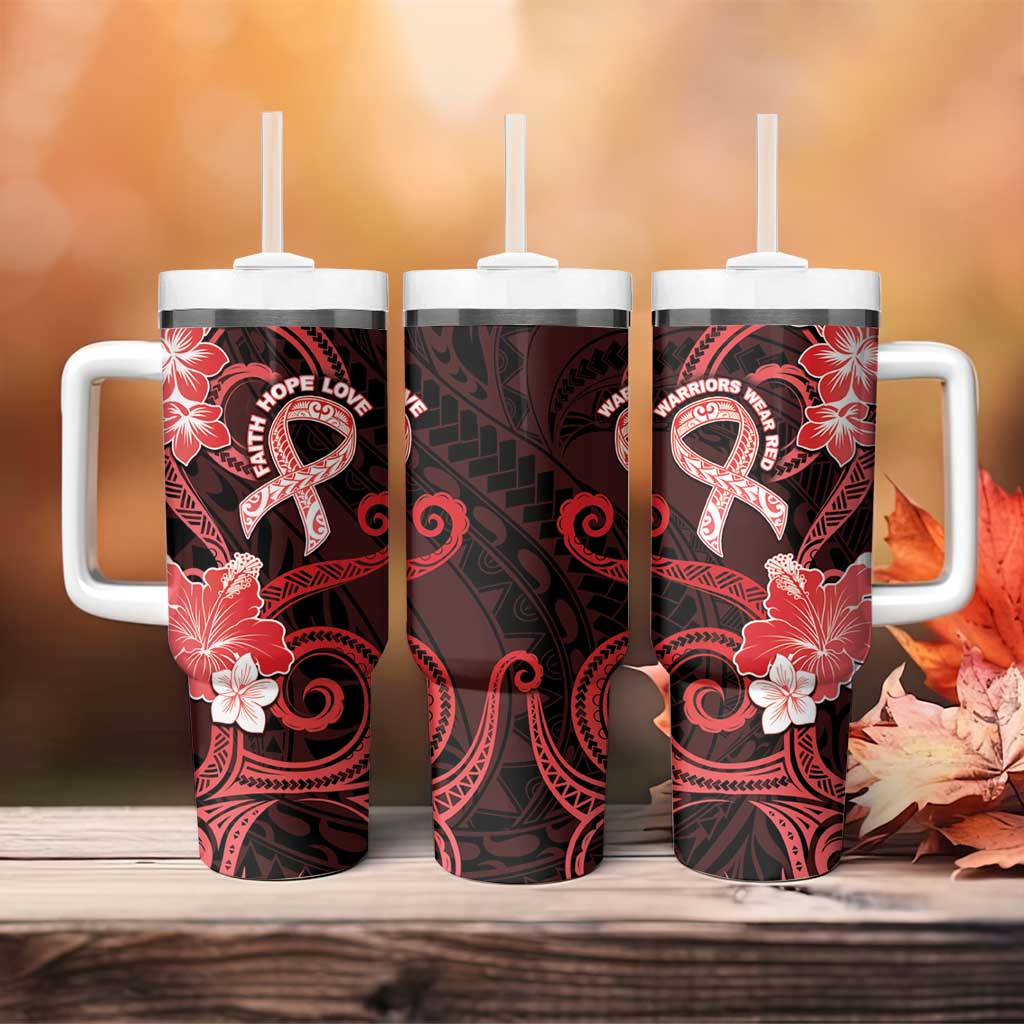 Heart Health Awareness Tumbler With Handle Warrior Wears Red Polynesian Style