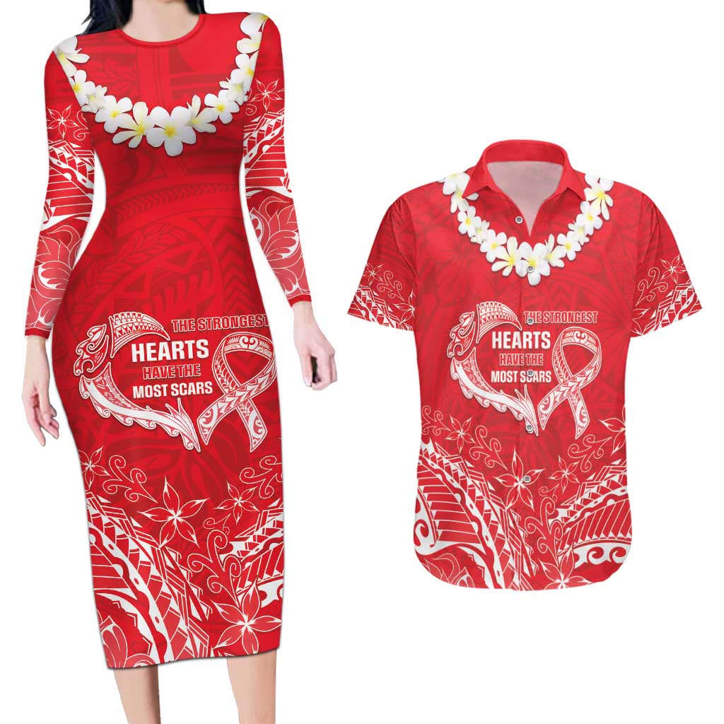 Heart Health Awareness Couples Matching Long Sleeve Bodycon Dress and Hawaiian Shirt Polynesian Red Ribbon
