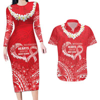 Heart Health Awareness Couples Matching Long Sleeve Bodycon Dress and Hawaiian Shirt Polynesian Red Ribbon