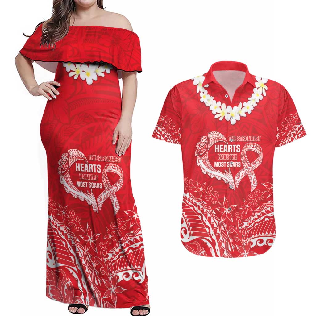 Heart Health Awareness Couples Matching Off Shoulder Maxi Dress and Hawaiian Shirt Polynesian Red Ribbon