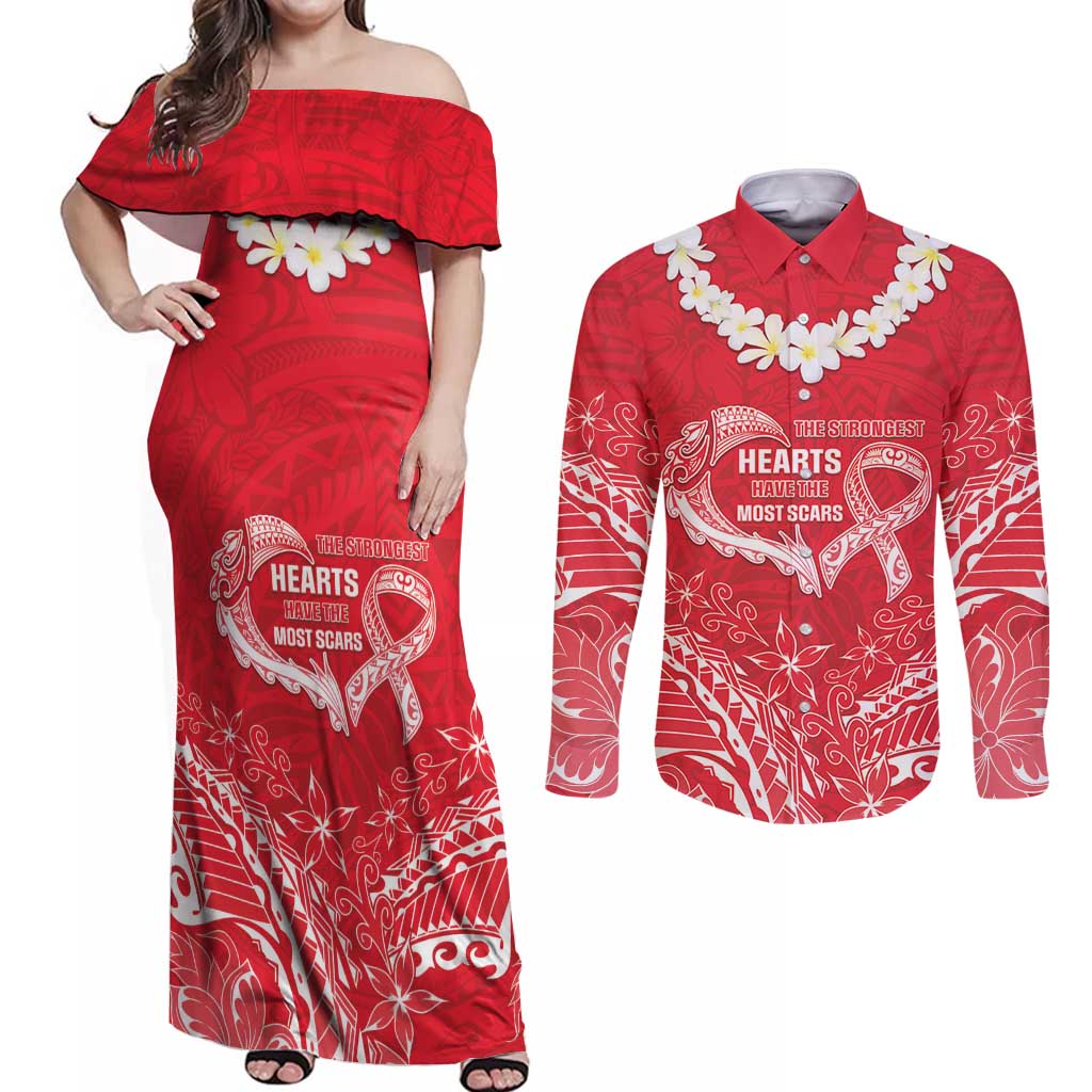Heart Health Awareness Couples Matching Off Shoulder Maxi Dress and Long Sleeve Button Shirt Polynesian Red Ribbon