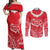 Heart Health Awareness Couples Matching Off Shoulder Maxi Dress and Long Sleeve Button Shirt Polynesian Red Ribbon