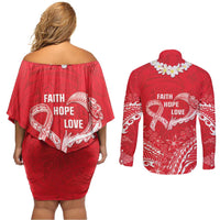 Heart Health Awareness Couples Matching Off Shoulder Short Dress and Long Sleeve Button Shirt Polynesian Red Ribbon