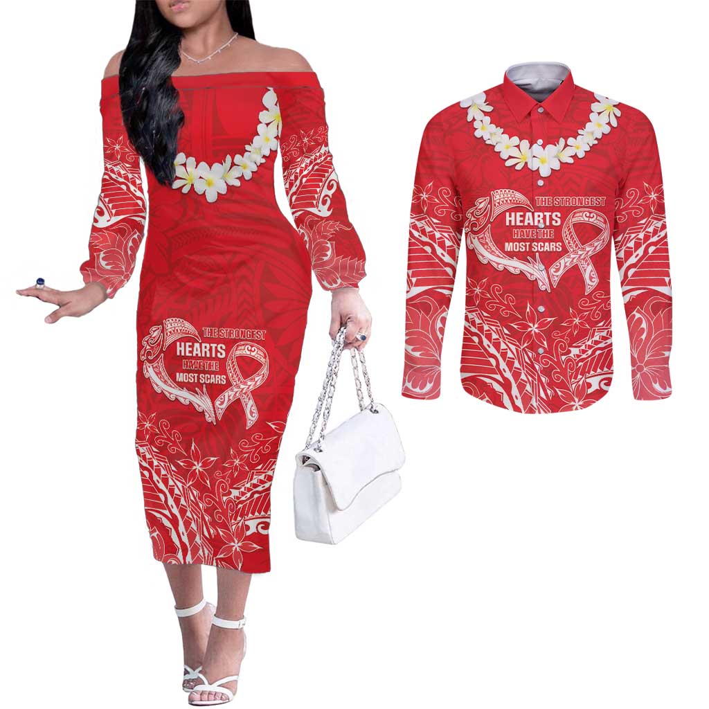 Heart Health Awareness Couples Matching Off The Shoulder Long Sleeve Dress and Long Sleeve Button Shirt Polynesian Red Ribbon