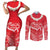 Heart Health Awareness Couples Matching Short Sleeve Bodycon Dress and Long Sleeve Button Shirt Polynesian Red Ribbon