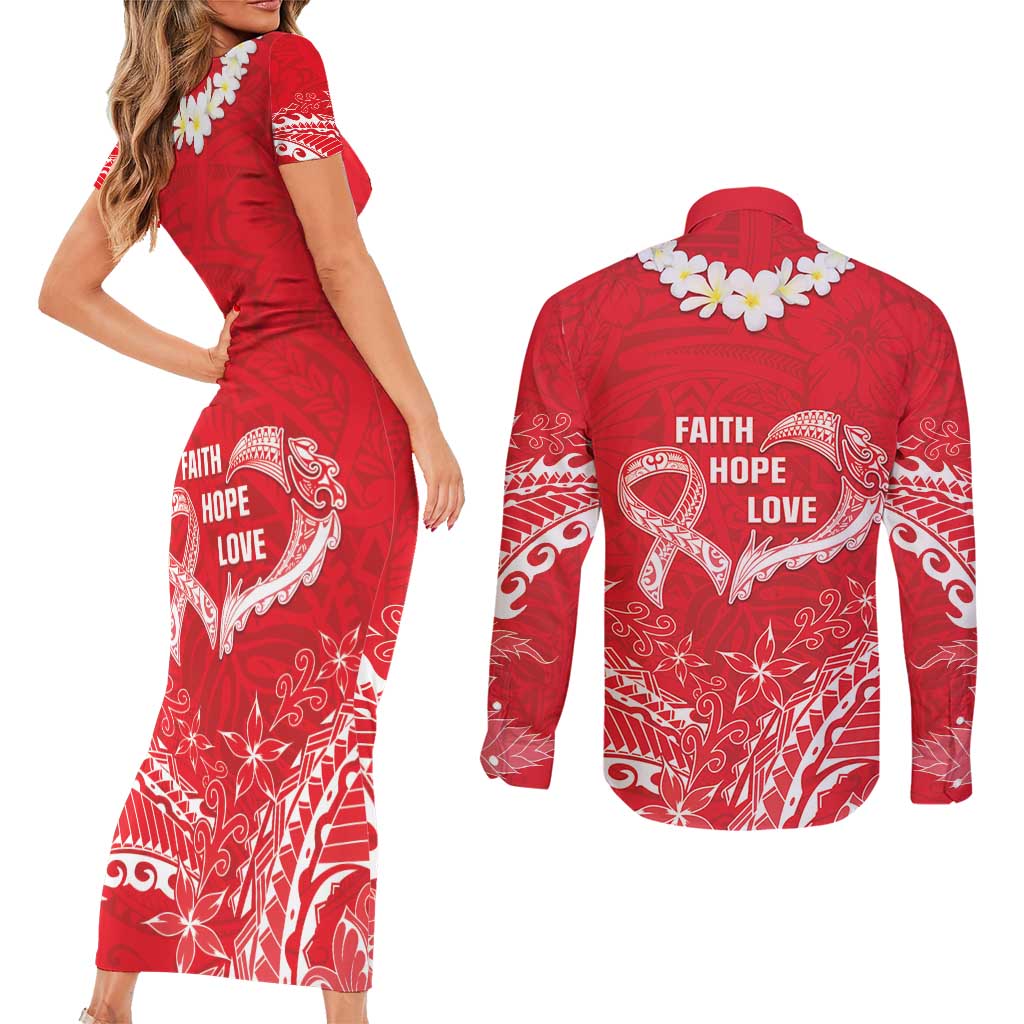 Heart Health Awareness Couples Matching Short Sleeve Bodycon Dress and Long Sleeve Button Shirt Polynesian Red Ribbon