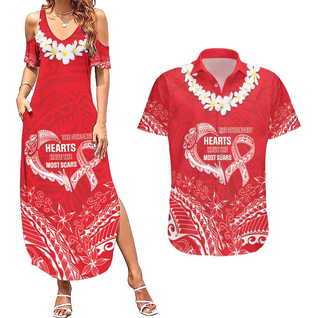 Heart Health Awareness Couples Matching Summer Maxi Dress and Hawaiian Shirt Polynesian Red Ribbon