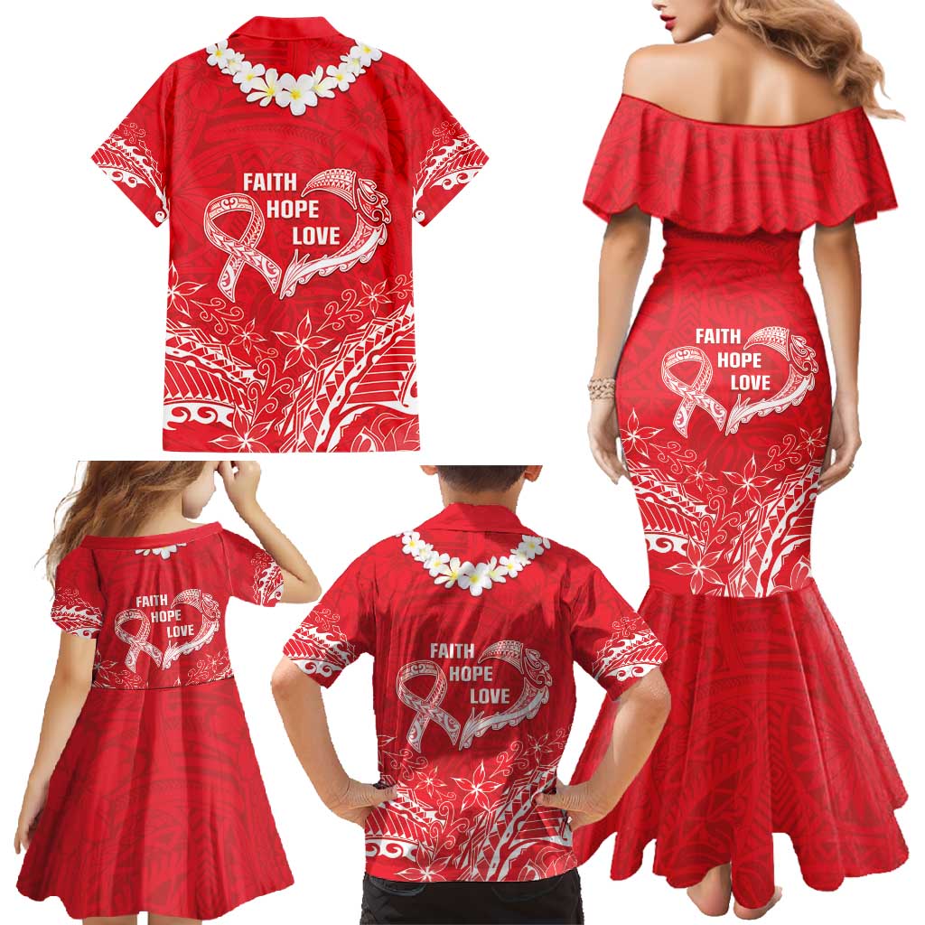 Heart Health Awareness Family Matching Mermaid Dress and Hawaiian Shirt Polynesian Red Ribbon