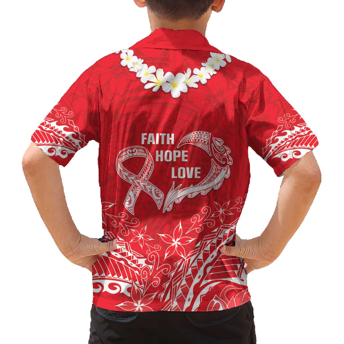 Heart Health Awareness Family Matching Off The Shoulder Long Sleeve Dress and Hawaiian Shirt Polynesian Red Ribbon