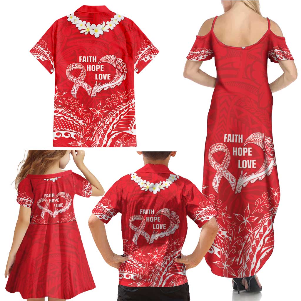 Heart Health Awareness Family Matching Summer Maxi Dress and Hawaiian Shirt Polynesian Red Ribbon