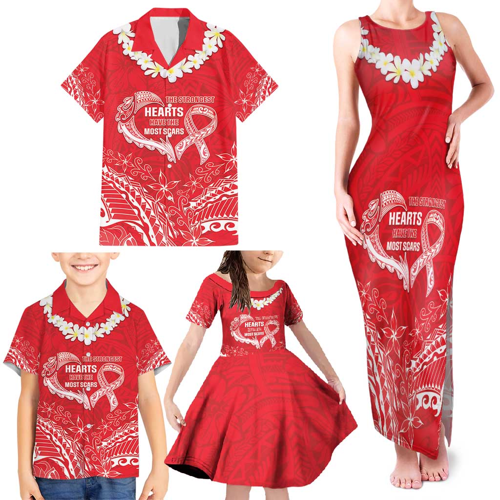 Heart Health Awareness Family Matching Tank Maxi Dress and Hawaiian Shirt Polynesian Red Ribbon
