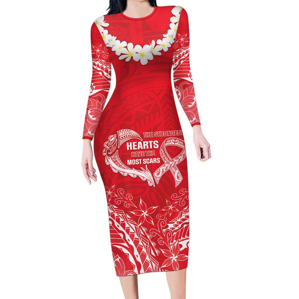 Heart Health Awareness Long Sleeve Bodycon Dress Polynesian Red Ribbon